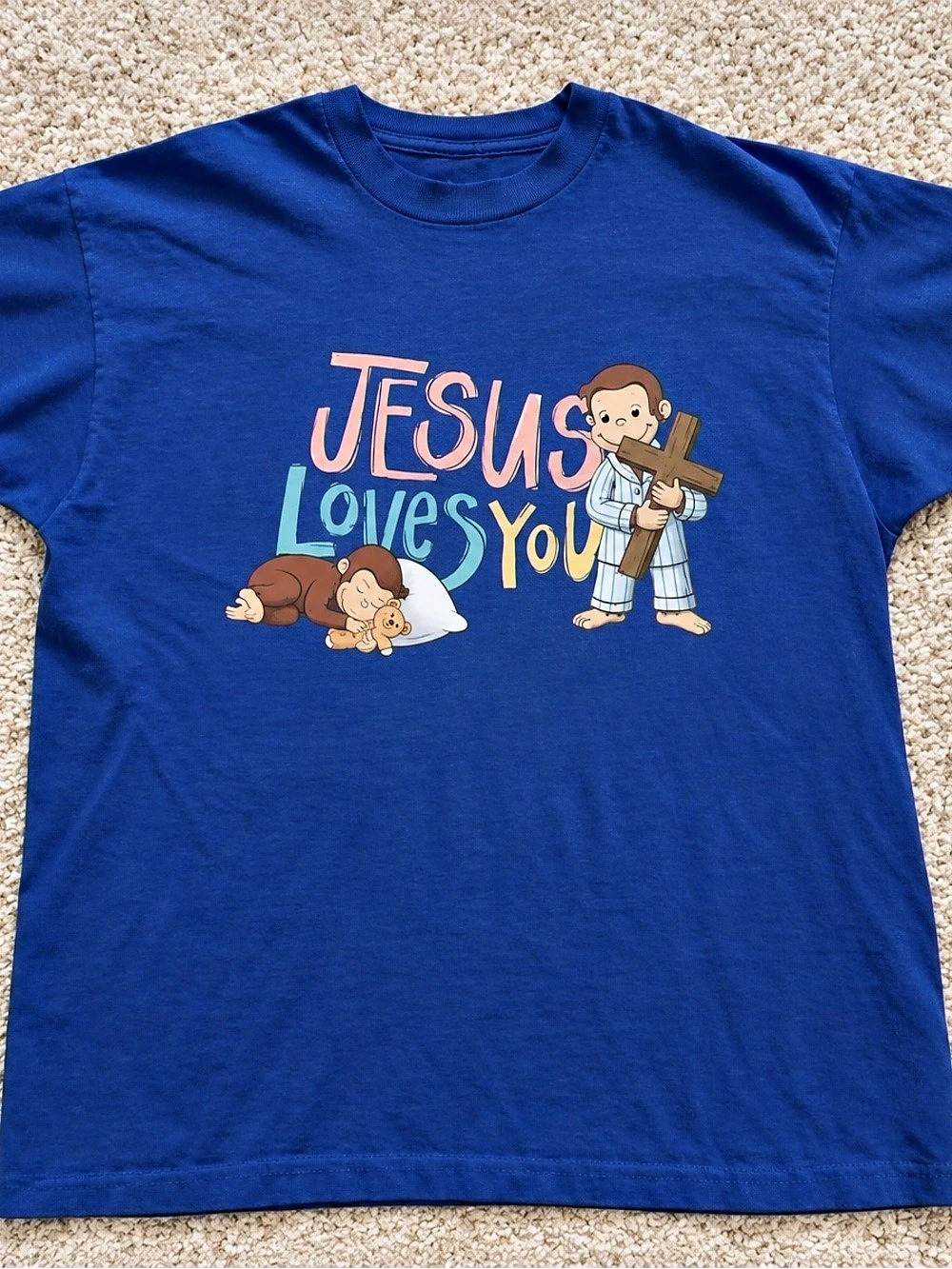 Royal Blue Jesus Loves You Monkey Religious Graphic Tee Gildan Reprint